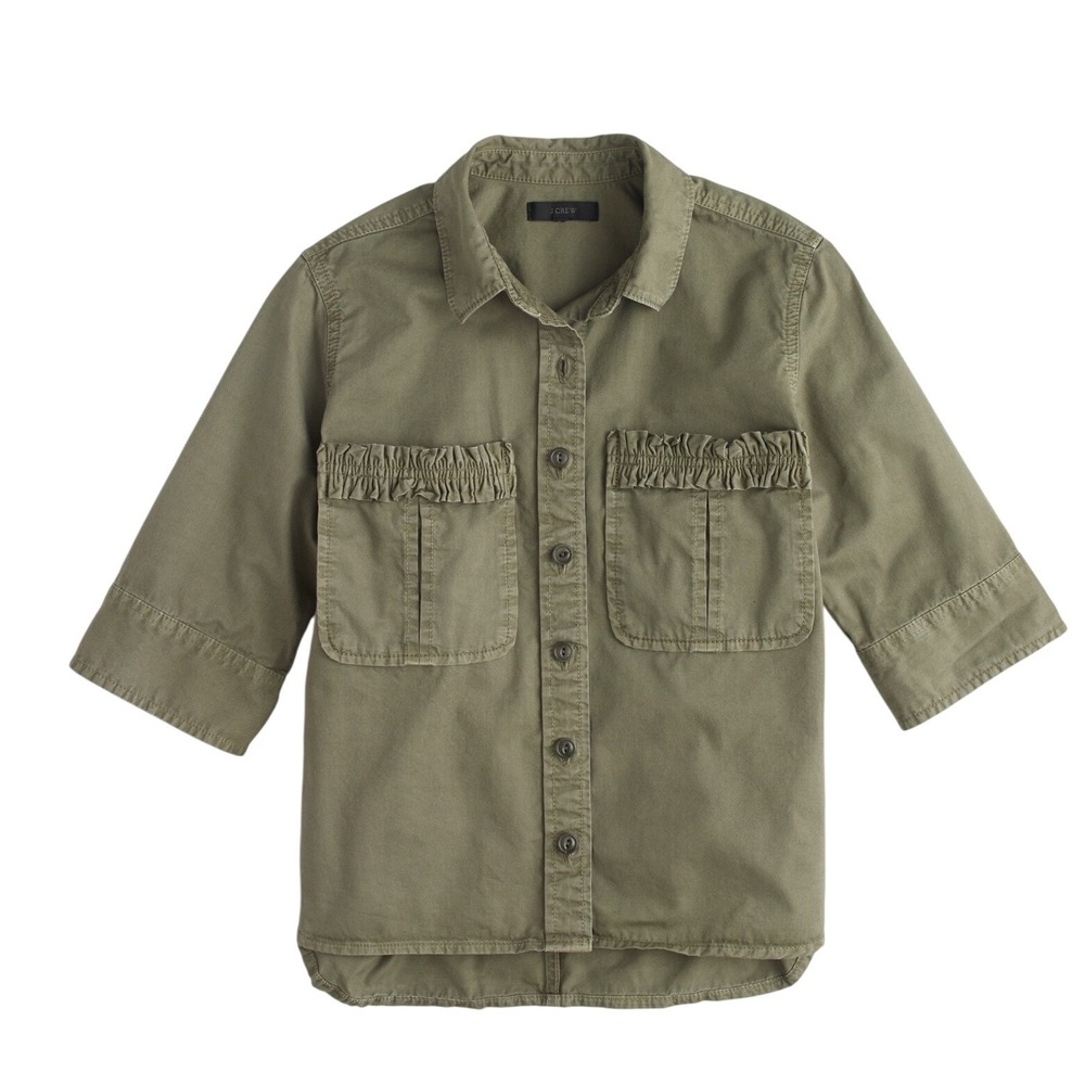 J Crew Utility Button Front Shirt Sage Green Ruffle Pocket Womens 8